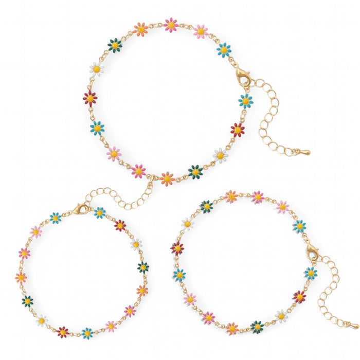 Multi-Color Enamel Flower Fashion Anklet - 3 Pack